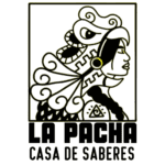 Logo of La Pacha Casa de Saberes with indigenous woman and bird mask.