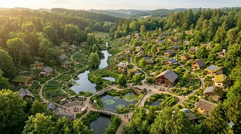 Aerial view of La Pacha Casa de Saberes with lush greenery and traditional huts.