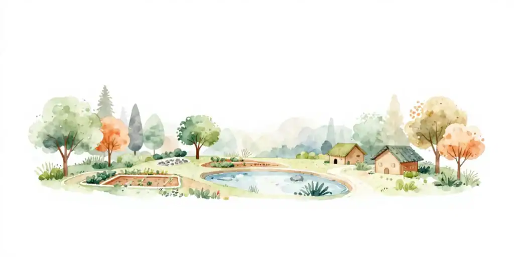 Scenic watercolor of a peaceful rural landscape with trees and small houses.